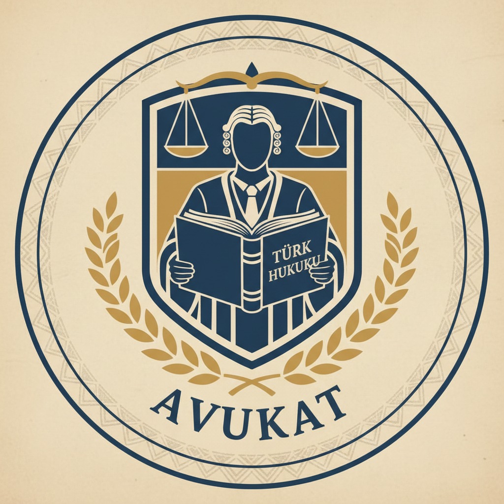 Ortasında Türk Hukuku yazılı bir kitap tutan avukat figürü, teraziler ve başak dallarıyla çevrili dairesel bir logonun içinde yer alıyor.